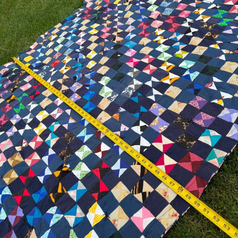 A- Handmade Patchwork Quilt Hourglass Bowtie Scrappy Multicolor Lap Throw 60x52